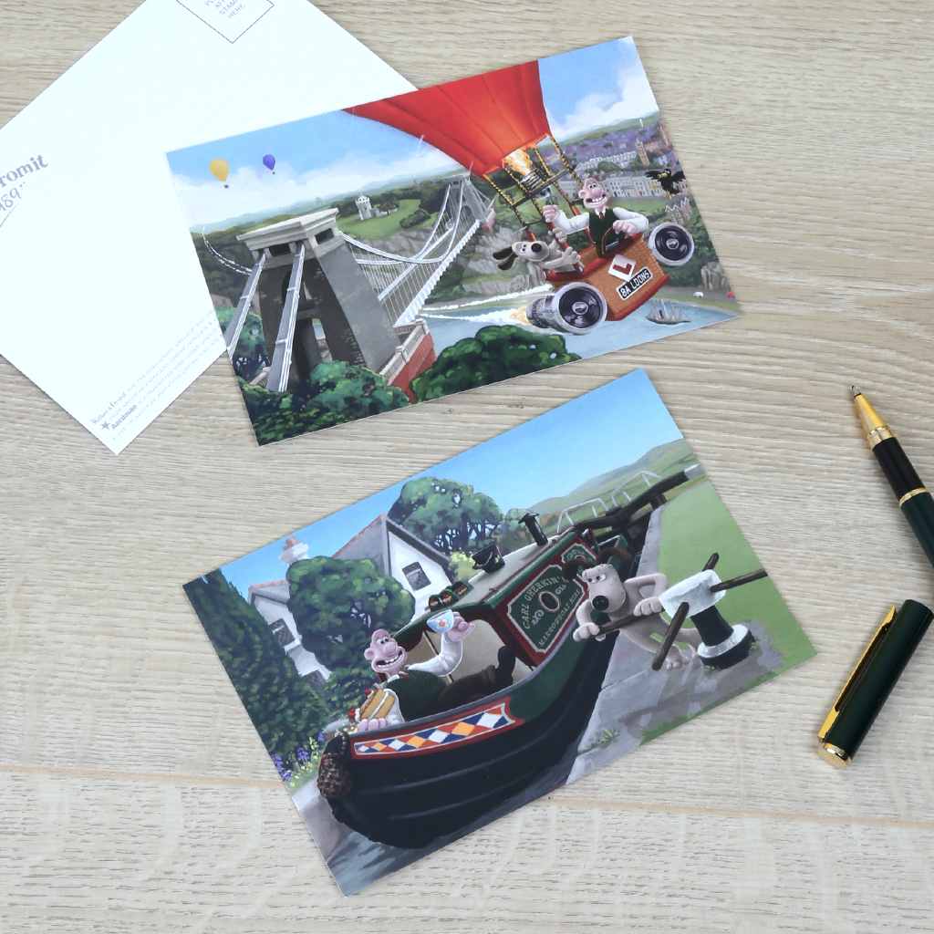 Wallace & Gromit Staycation Postcards. Bristol and a ballon over The Clifton Suspension bridge and Wallace and Gromit on a canal boat 