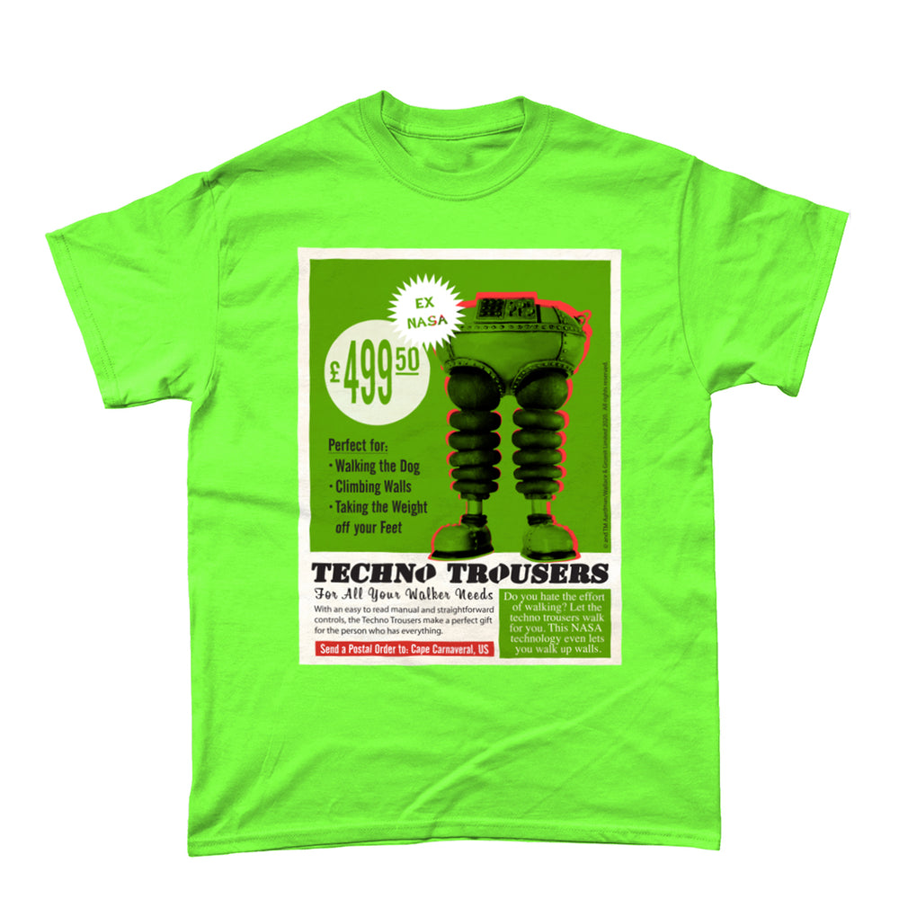 Wrong Trousers T-shirt in green from Aardman's The Wrong Trousers film. Top features the advert for the techno-trousers that Wallace sees in the newspaper. 