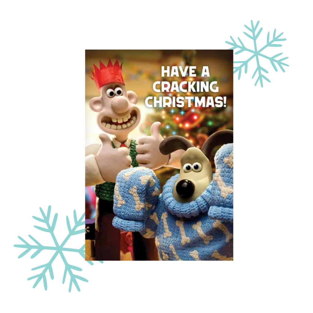 Wallace and Gromit in an oversized jumper with a Christmas tree and 'Have a Cracking Christmas!' text. 