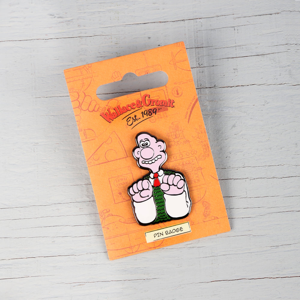 Enamel pin badge of Wallce in his iconic 'cheese' pose. 
