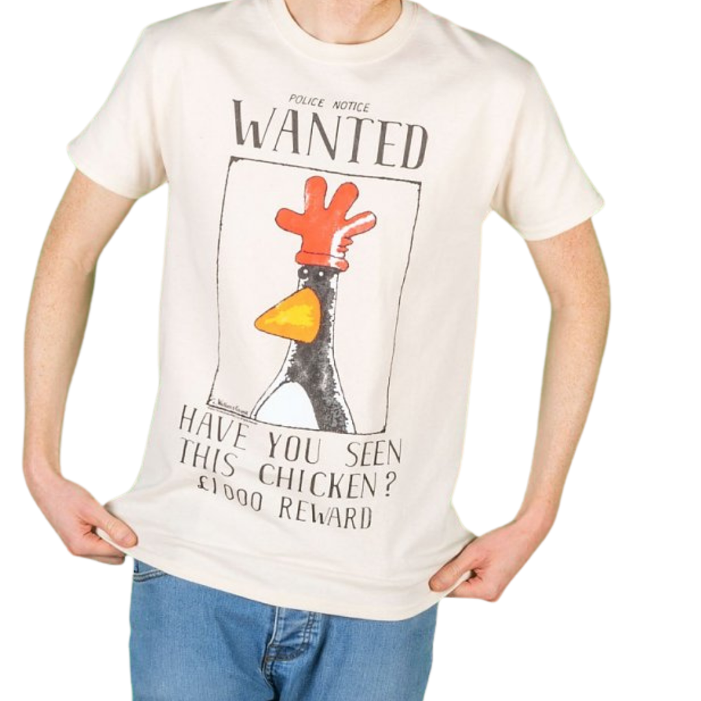 Cream t-shirt featuring a mug shot of Feathers McGraw from Aardman's Wallace & Gromit's The Wrong Trousers film. Copy reads: 'Wanted: Have you seen this chicken? £1000 reward'. 