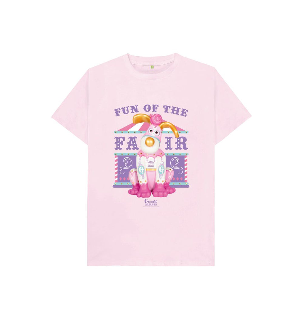 Pink Merry Go Gromit T-shirt, featuring Gromit painted as a carousel styled horse, painted in pinks, blue, white and gold. 