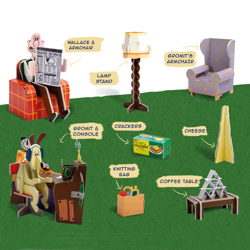 Features the additional pop up accessories that come with the Wallce & Gromit Build Your Own Rocket. 