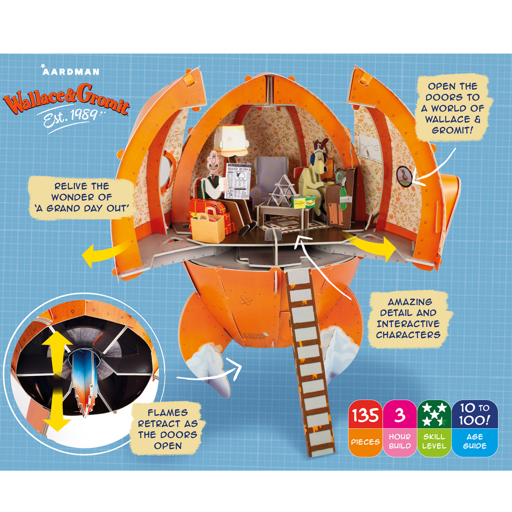 Build Your Own Wallace & Gromit Kit. Shows interior of the rocket featuring Wallace & Gromit. 