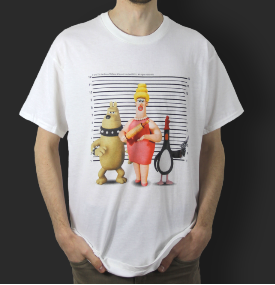 White Wallace & Gromit t-shirt featuring Aardman's ionic villains lined up. Includes: Preston, Piella Bakewell and Feathers McGraw. 