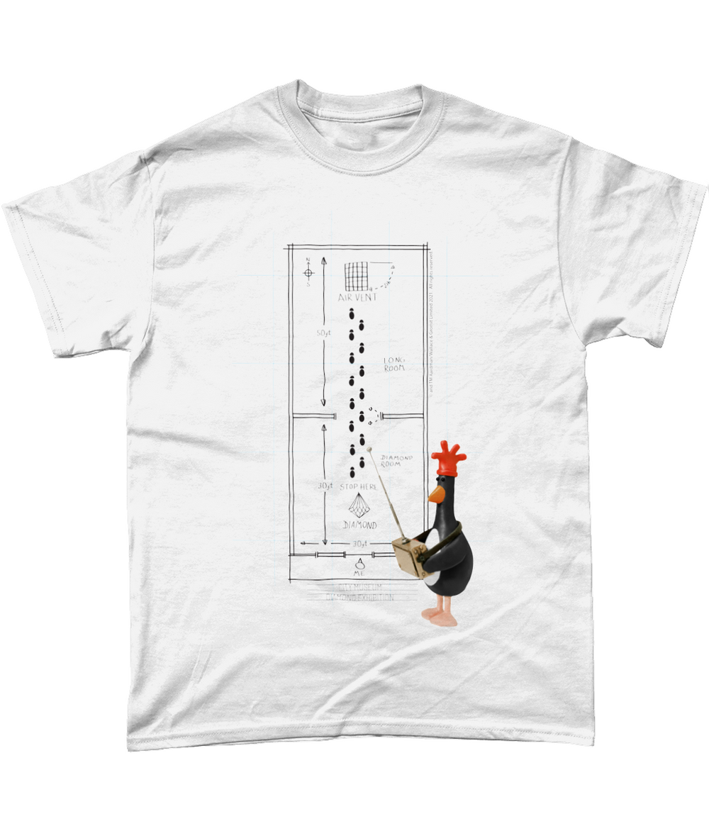 White t-shirt featuring Feathers McGraw from Aardman's 'The Wrong Trousers' film. Features a blue print of the penguin's plan to steal the diamond. 