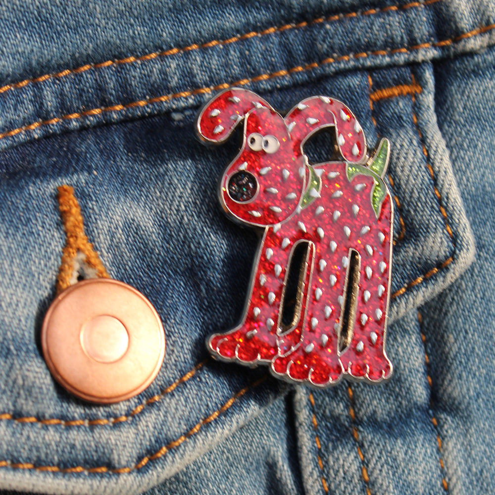 Gromit disguised as a strawberry, glitter pin badge 