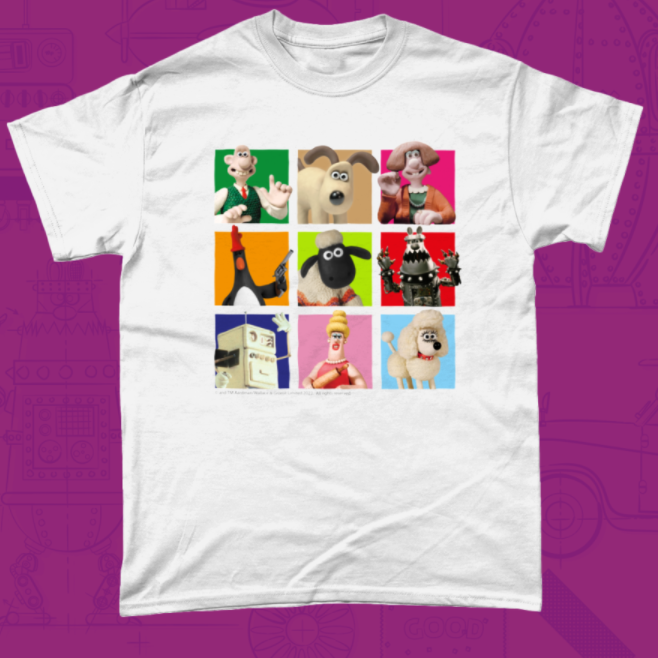 White T-Shirt featuring a range of Aardman's iconic characters. Includes: Wallace, Gromit, Wendolene, Feathers McGraw, Shaun the Sheep, Preston, The Oven, Piella Bakewell, and Fluffles.