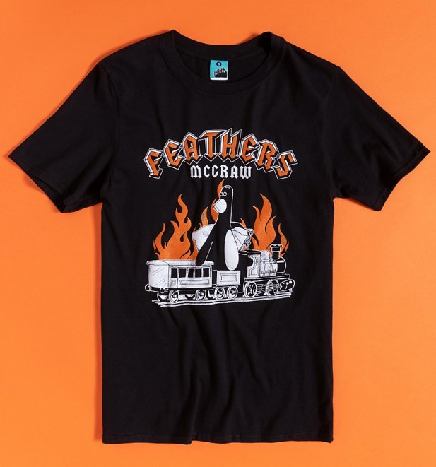 Black T-shirt featuing Feathers McGraw from Wallace & Gromit's The Wrong Trousers, sat on a toy train with a sack of stolen goods. Copy is written in a rock font and reads 'Feathers McGraw'. 