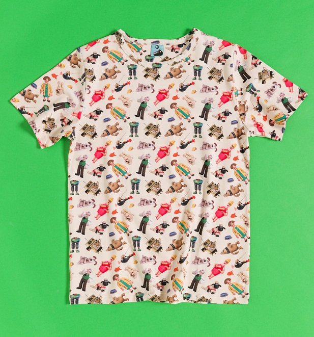 T-shirt covered in images of Aardman's most iconic Wallace & Gromit characters. 