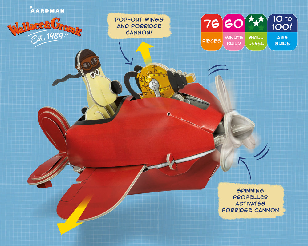 Build your own Wallace & Gromit Sidecar Plane Kit. Gromit sat in red plane. Demonstrates the spinning propeller and pop-out wings and porridge cannon. 