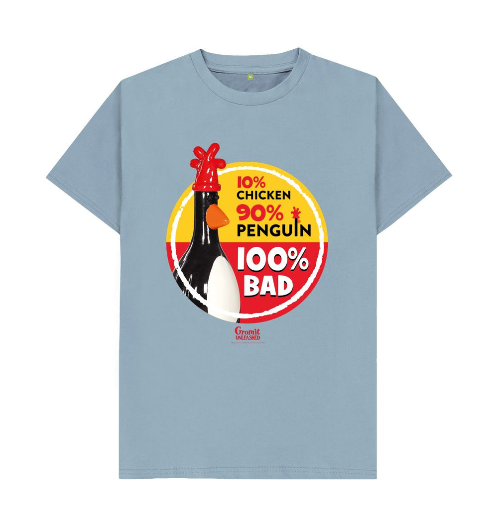 Stone Blue 100% Bad Adult T-shirt. Black 100% Bad Adult T-shirt with classic Feathers McGraw figurine in a red and yellow circle. Labelled 10% chicken 90% chicken and 100% bad. 
