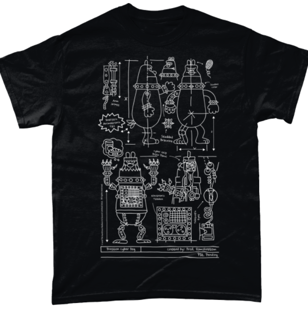 Black T-shirt featuring a blue print of how Preston from Aardman's Wallace & Gromit: A Close Shave being built. 