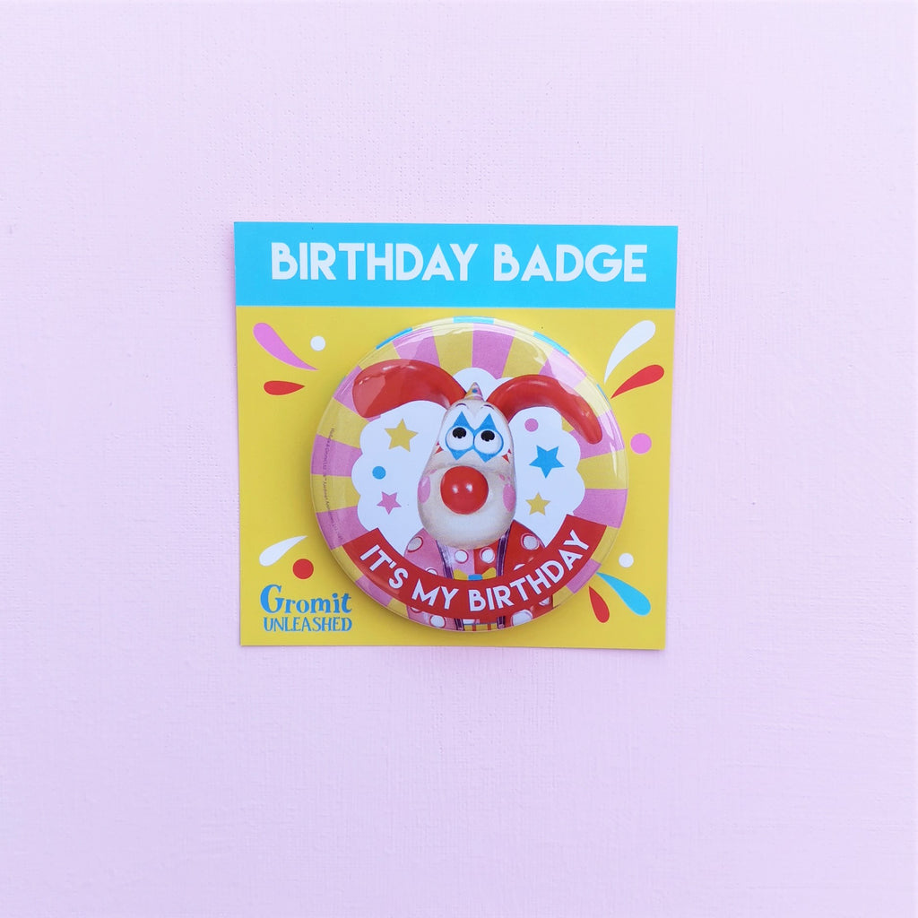 Birthday badge featuring Giggles figurine from the Gromit Unleashed trail. 