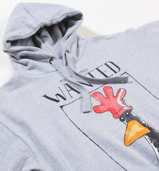 Grey hoodie featuring a drawing of Feathers McGraw from Aardman's Wallace & Gromit: The Wrong Trousers. Copy reads: 'Wanted! Have you seen this chicken? 1000 reward'. 