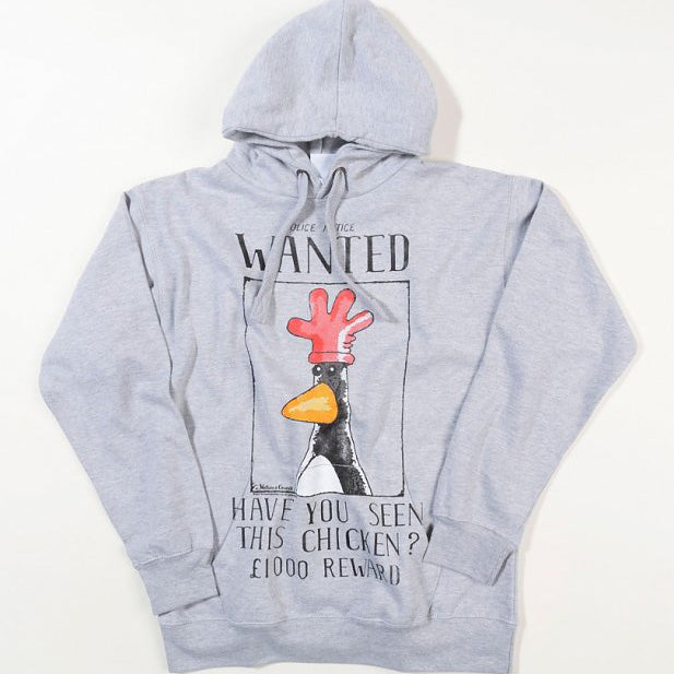 Grey hoodie featuring a drawing of Feathers McGraw from Aardman's Wallace & Gromit: The Wrong Trousers. Copy reads: 'Wanted! Have you seen this chicken? 1000 reward'. 