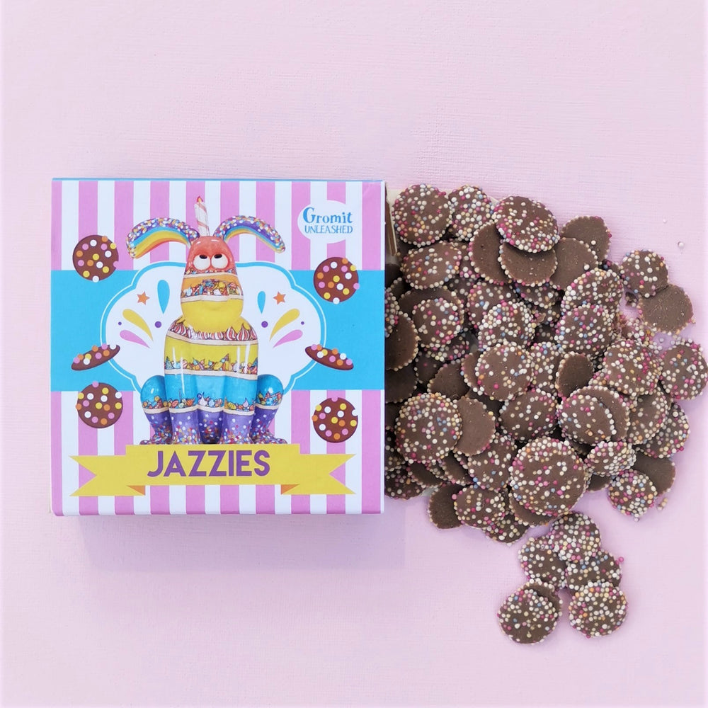 Box of chocolate 'Jazzies' featuring Sprinkles figurine from the Gromit Unleashed trail. 