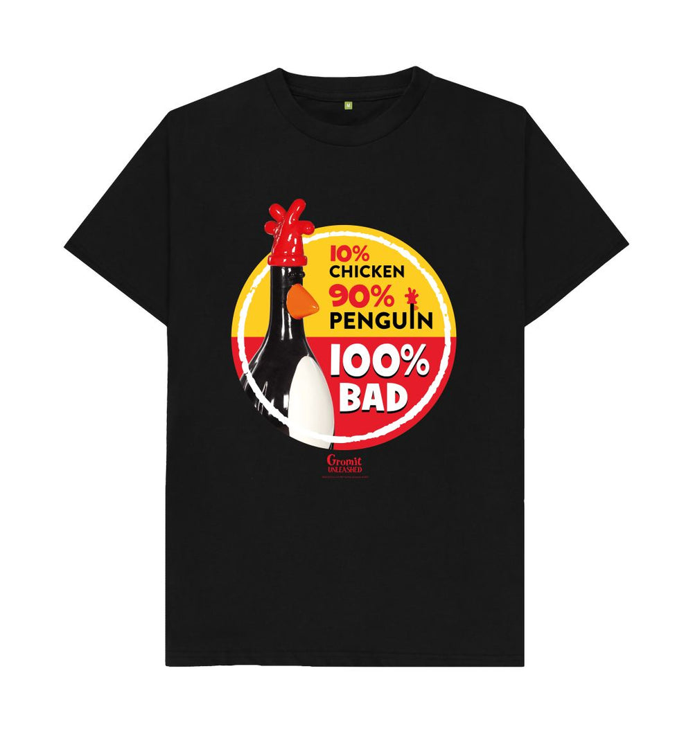 Black 100% Bad Adult T-shirt with classic Feathers McGraw figurine from Wallace & Gromit 'The Wrong Trousers' in a red and yellow circle. Labelled 10% chicken 90% chicken and 100% bad. 