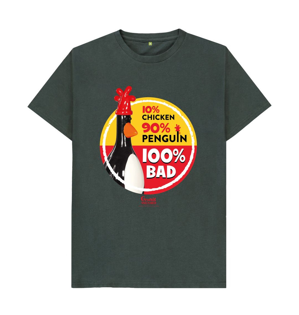 Dark Grey 100% Bad Adult T-shirt. Black 100% Bad Adult T-shirt with classic Feathers McGraw figurine in a red and yellow circle. Labelled 10% chicken 90% chicken and 100% bad. 